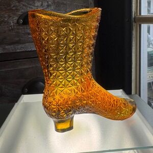 Vintage Amber Diamond Point Pressed Glass Boot Victorian Style Mid Century
